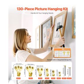 130 Pieces Picture Hanging Kit, 10lb, 20lb, 30lb, 50lb, 75lb and 100lb Picture Hangers, Metal Pictures Hanging Hooks with Nails for Mirror, Paint