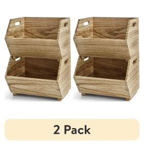 2 pack) 2-Piece Set Natural Wood Stacking Open Front Decorative Storage Bins, 11 in x 16.5 in x 10 in