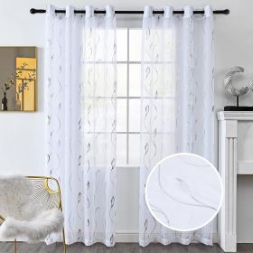 2PCS White Sheer Curtains Gold Foil Marble Print Rod Pocket Window Curtains, 52" W x 84" L (Color: silver)